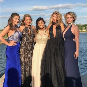 Long navy prom dress halter top